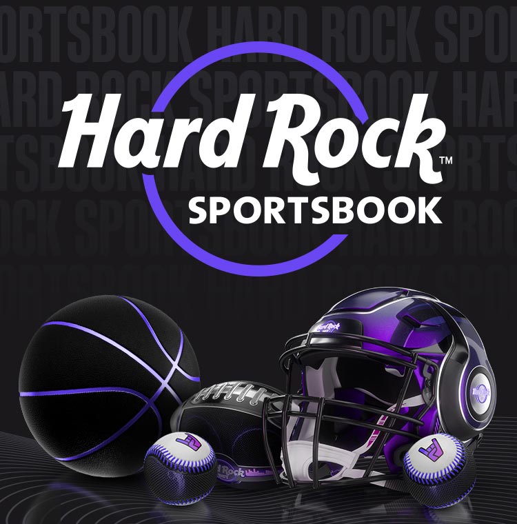 Hard Rock Sportsbook logo with basketball, football, and helmet
