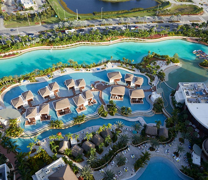 View of the "Bora Bora" lagoon pool from The Guitar Hotel at the Seminole Hard Rock Hotel & Casino Hollywood